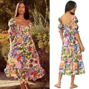 Misa Dress Yolanda Linen Smocked Ruffle‎ Midi Summer Wedding Casita Flora M EUC